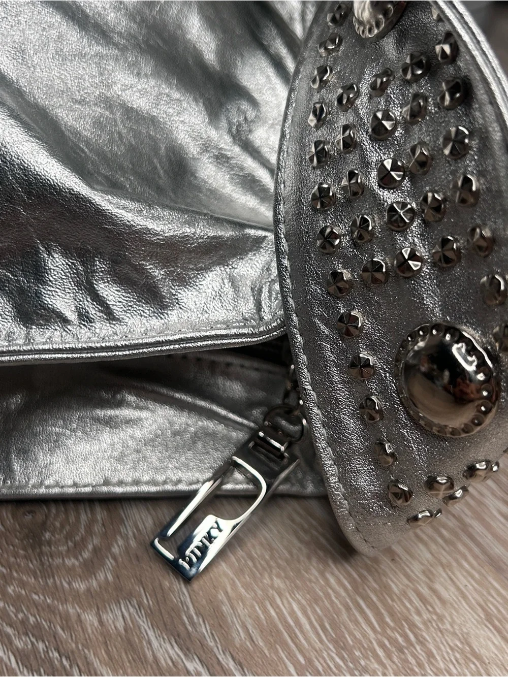 Bags by Pinky • Metallic Silver Studded Shoulder Bag • Genuine Leather •USA Made - Picture 6 of 12